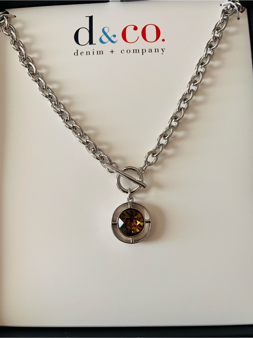 Women's Silver 16” Chain Necklace with Amber Crystal Pendant D&CO
